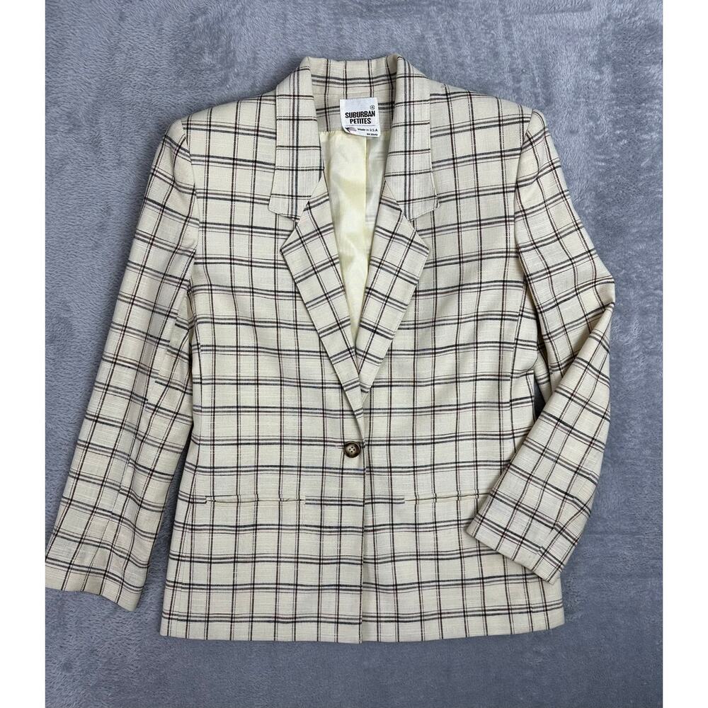VTG 90s Cream Plaid Blazer 4 Windowpane Check Union Made USA Suburban Petites